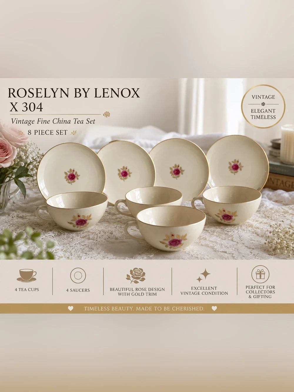 Vintage Lenox Roselyn Ivory Bone China Cup & Saucer Set of 8 Pcs